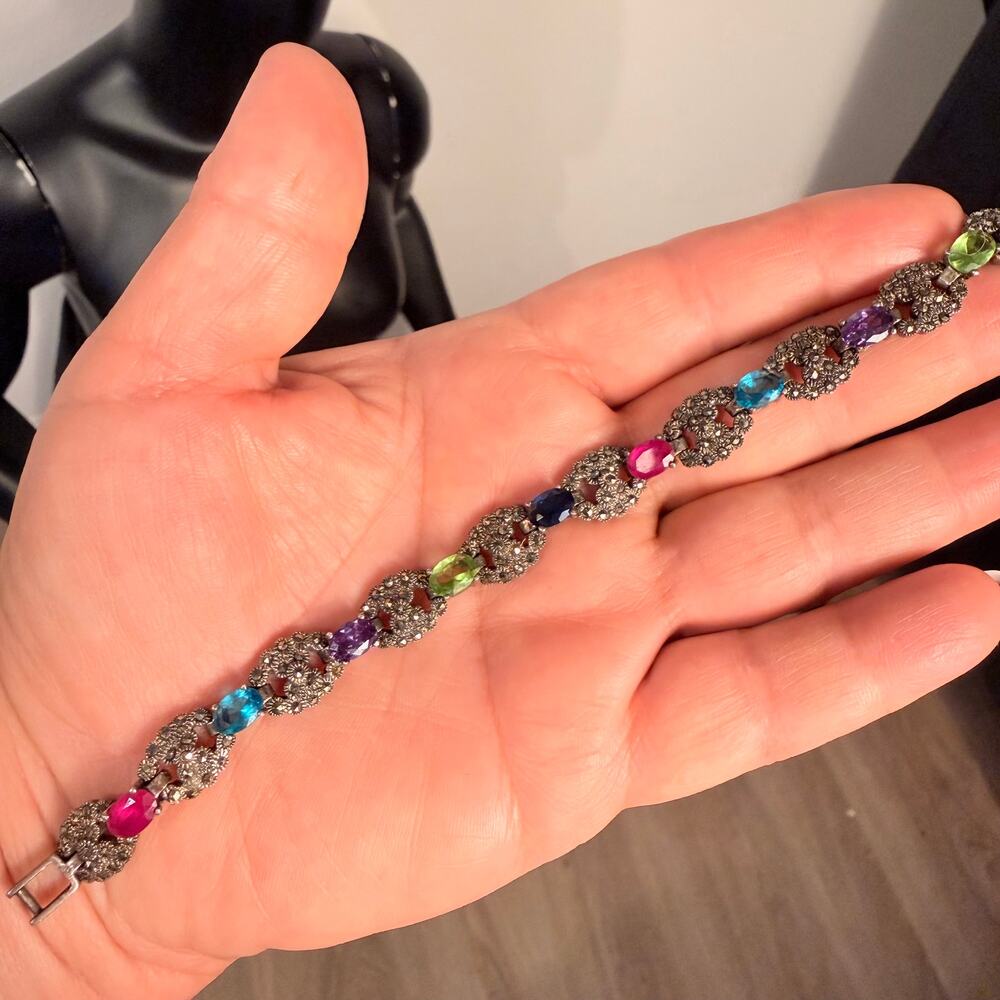 New Multicolor Faceted Stone Floral Link Bracelet Silver Tone 7.5”